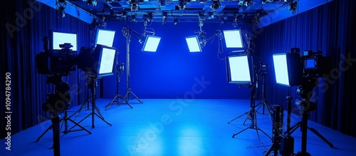 A Blue-Lit Television Studio with Multiple Cameras and Lighting Equipment