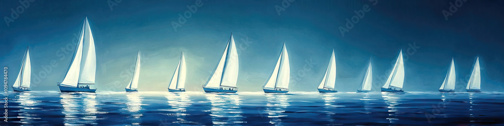 Fototapeta premium Sunlit Sailboats: A dozen sailboats dot the horizon, their white sails billowing in the breeze.