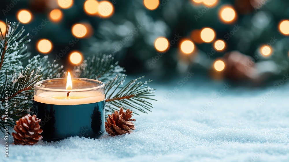 Burning candles and vibrant ornaments rest on soft snow, surrounded by festive pine branches, evoking a cozy holiday ambiance Burning candles and vibrant ornaments rest on soft snow, surrounded by festive pine branches, evoking a cozy holiday ambiance
