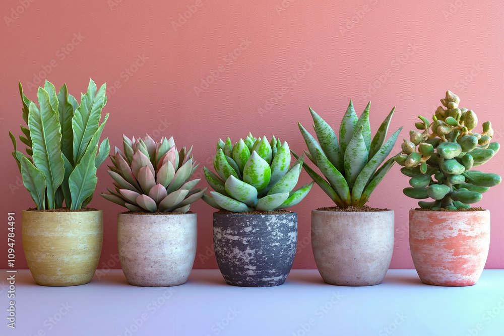 A row of potted plants sitting on top of a table A row of potted plants sitting on top of a table