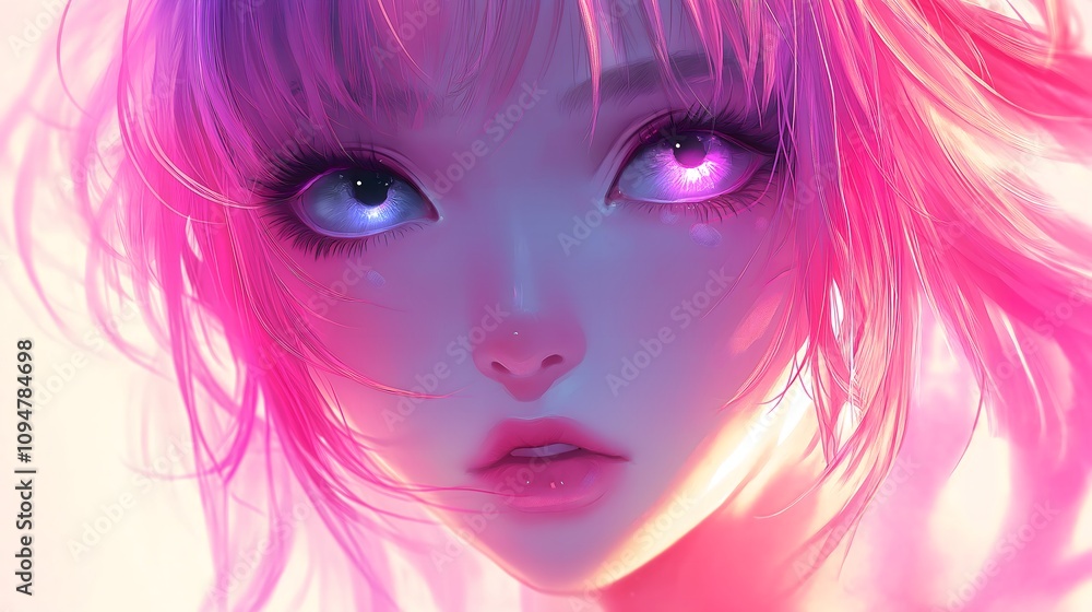 Close-up portrait of a young woman with pink hair and glowing eyes. Close-up portrait of a young woman with pink hair and glowing eyes.