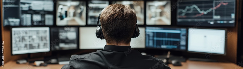 A person monitors multiple screens, possibly analyzing data or trading, while wearing headphones, indicating a focused work environment. A person monitors multiple screens, possibly analyzing data or trading, while wearing headphones, indicating a focused work environment.