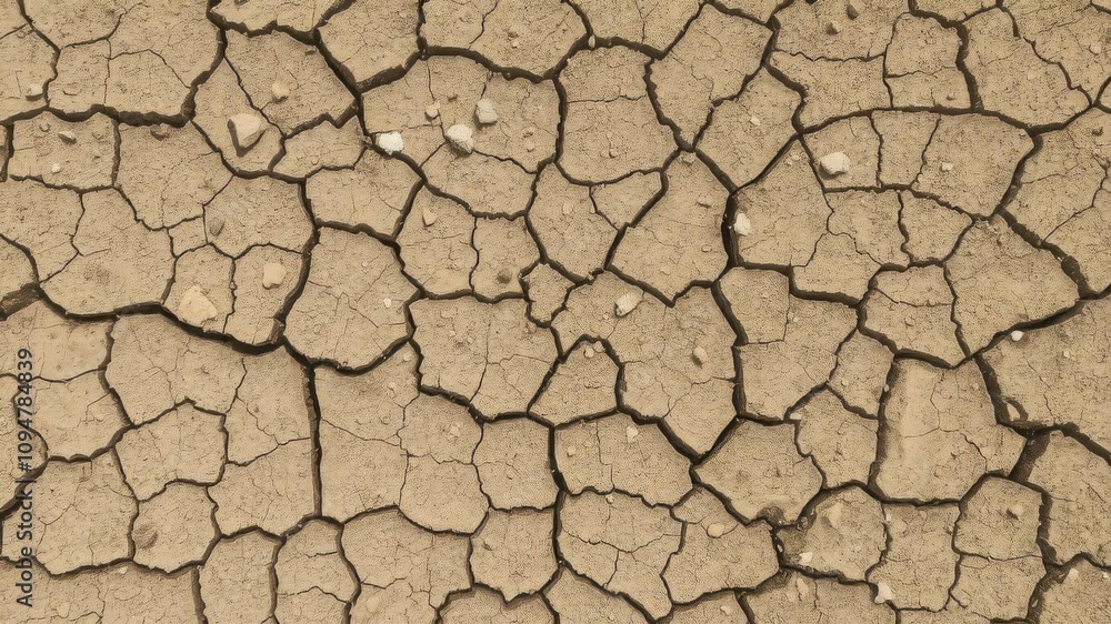 Cracked dry dirt with bits of rocks and debris scattered throughout, soil Cracked dry dirt with bits of rocks and debris scattered throughout, soil