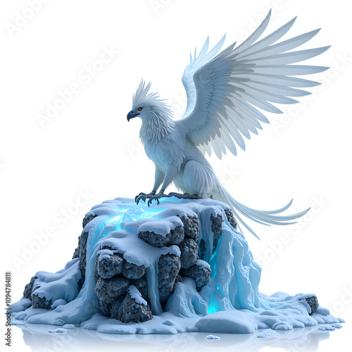 Majestic ice phoenix perched on a glacial rock surrounded by glowing crystal effects, 3d rendering of fantasy creature concept. photo