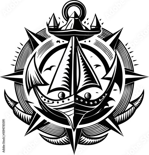 A black and white drawing of a boat and anchor with a compass on the side