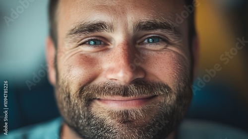 Smiling Man with Blue Eyes in a Close-Up Portrait. AI Generated