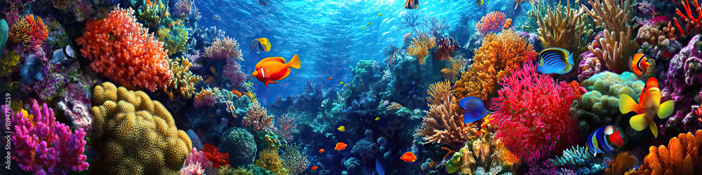 Naklejka premium An underwater scene revealing colorful coral reefs and vibrant schools of fish.