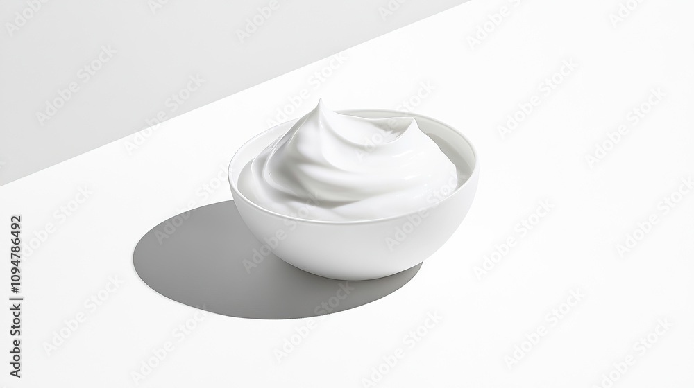 A white bowl filled with creamy white lotion or moisturizer on a white background. A white bowl filled with creamy white lotion or moisturizer on a white background.