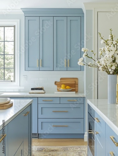 Serene Blue Kitchen Cabinets With Gold Hardware And White Accents