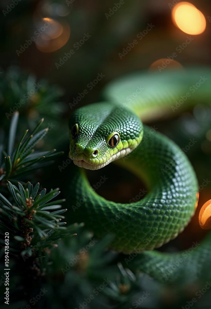 Fototapeta premium green wooden snake on a Christmas tree holding the numbers 2025