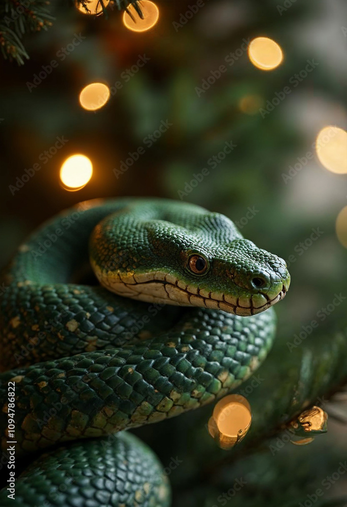 green wooden snake on a Christmas tree holding the numbers 2025 green wooden snake on a Christmas tree holding the numbers 2025