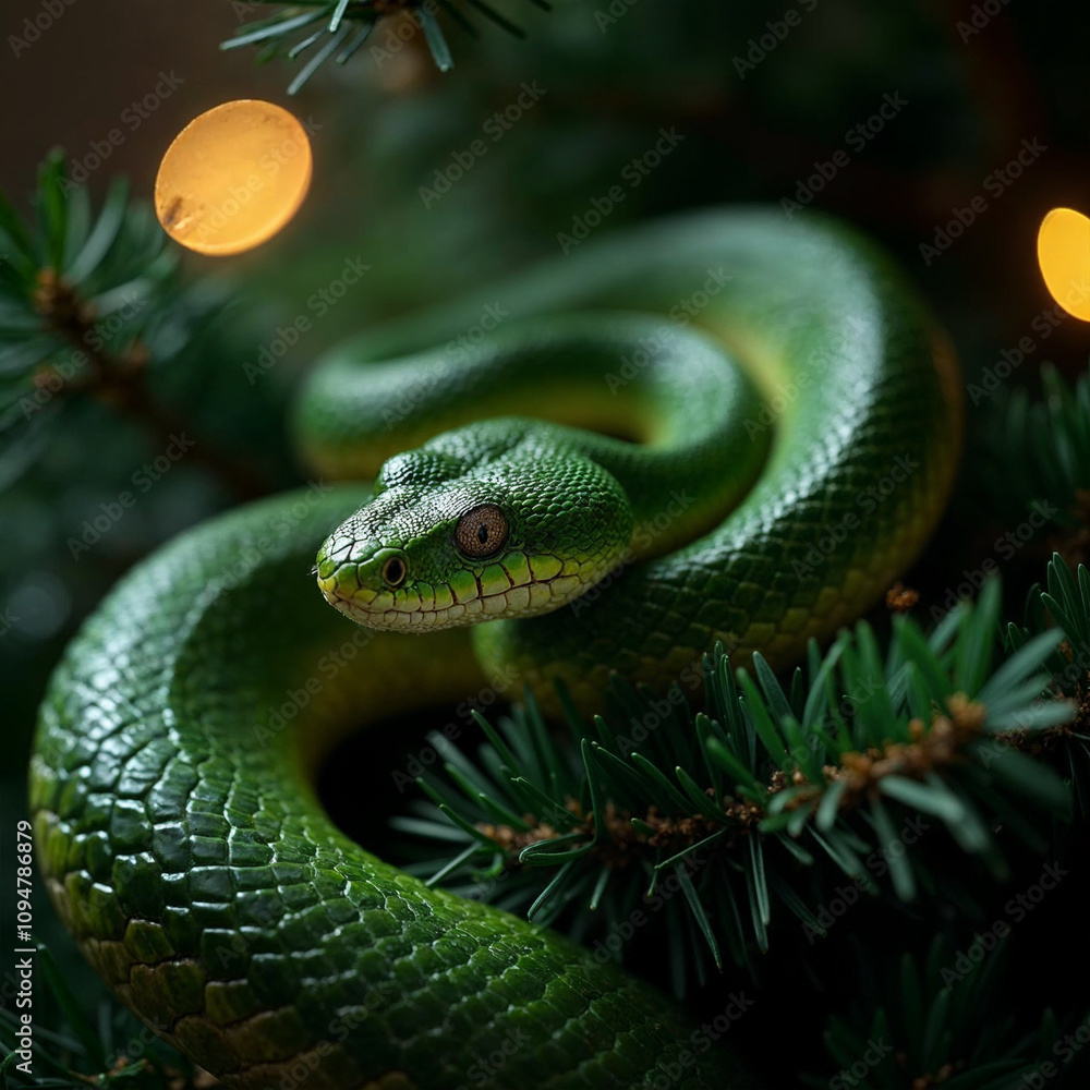 Fototapeta premium green wooden snake on a Christmas tree 