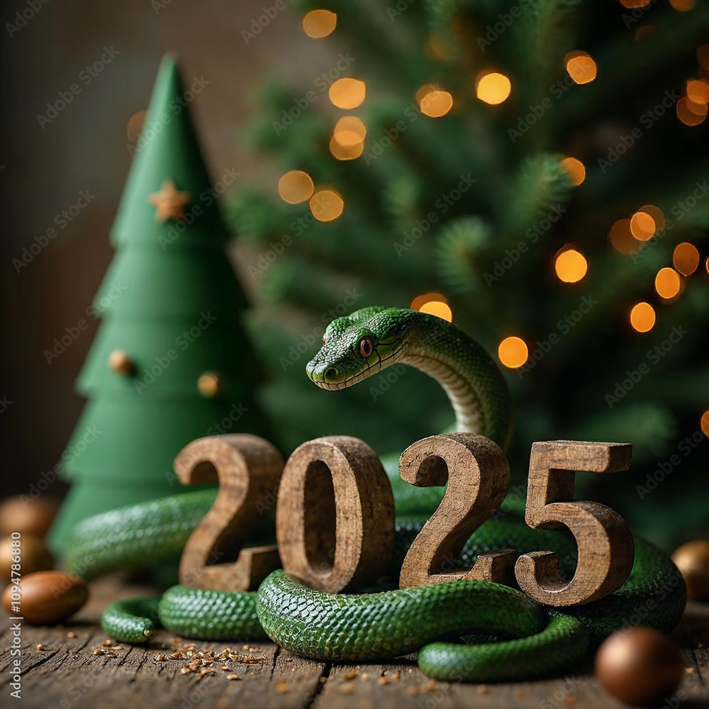 Fototapeta premium green wooden snake on a Christmas tree holding the numbers 2025