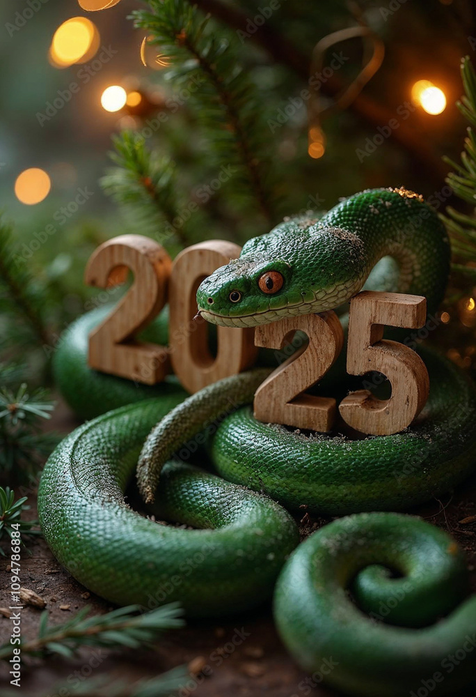 Fototapeta premium green wooden snake on a Christmas tree holding the numbers 2025