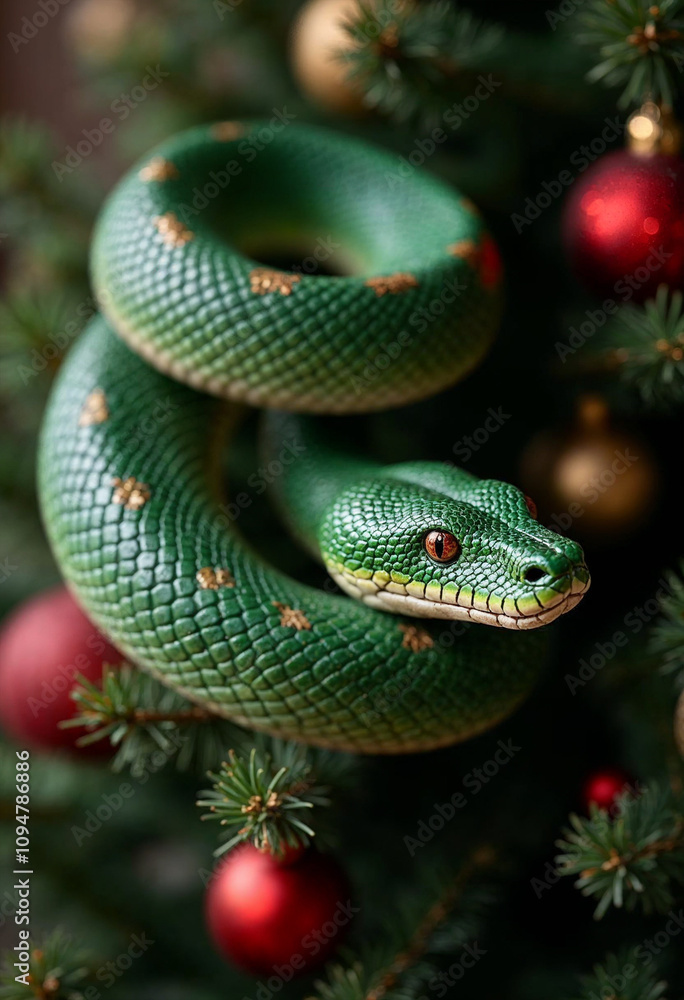 Fototapeta premium green wooden snake on a Christmas tree