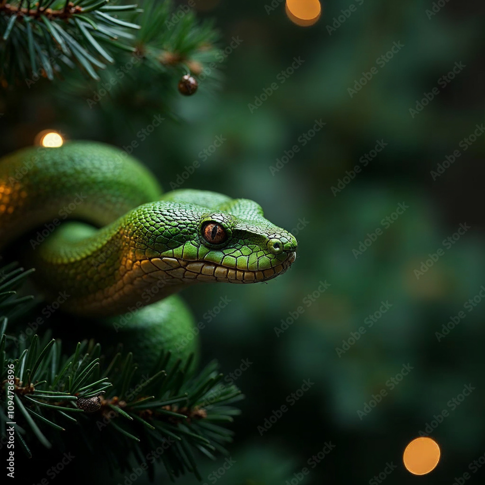 green wooden snake on a Christmas tree green wooden snake on a Christmas tree