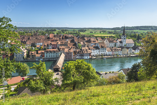 View of the medieval old town of Diessenhofen with historic wooden bridge, Canton of Thurgau, Switzerland