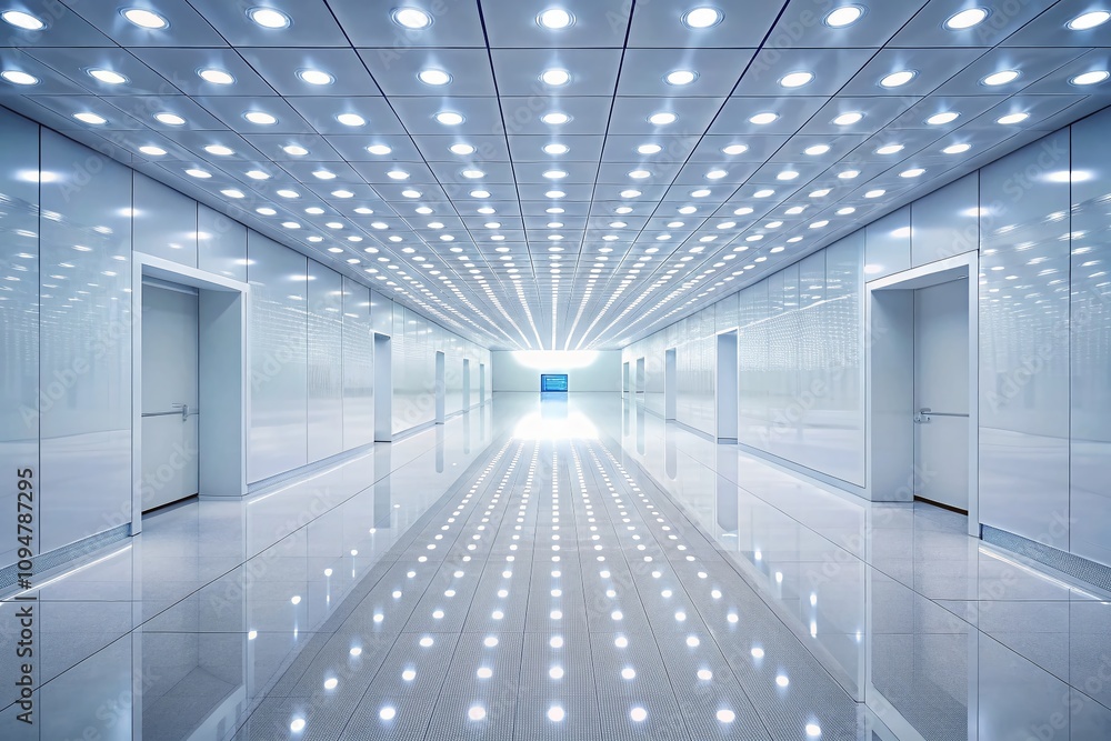 Fototapeta premium Abstract Modern White Hallway with Square Lights and Shiny Floor - Liminal Interior Background for Contemporary Design and Minimalist Architecture Concepts