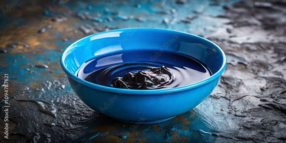 A Striking Blue Plastic Bowl Filled with Black Water on the Ground, Perfect for Food Photography and Creative Composition in Various Culinary Settings