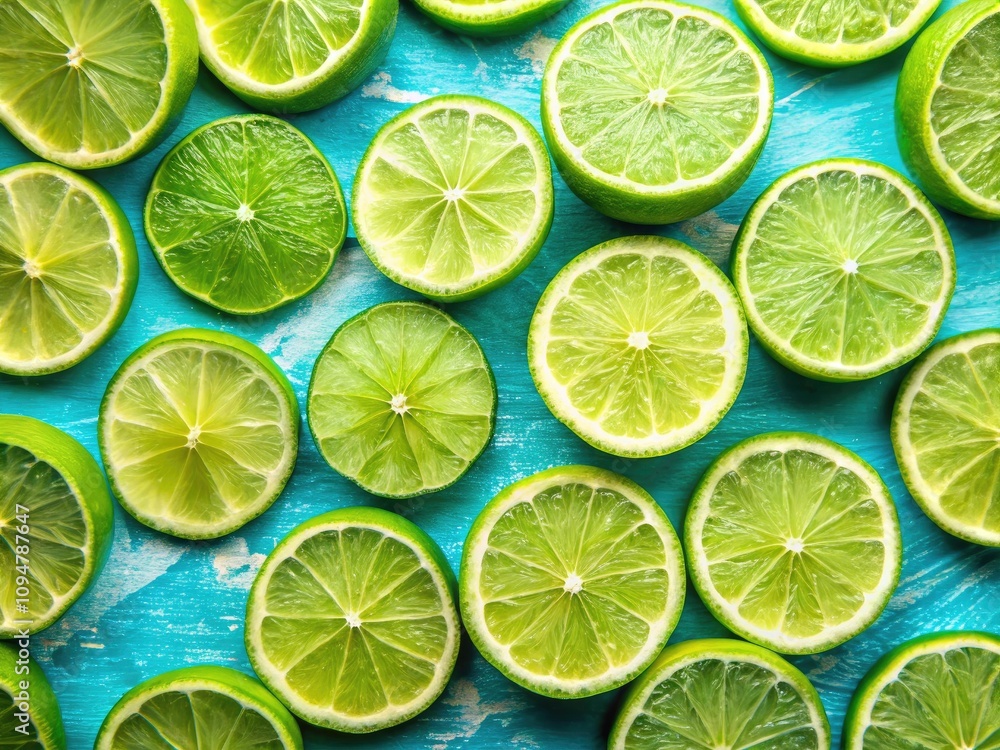 Fresh Lime Slices on Vibrant Blue Background - Perfect for Summer Drinks, Cocktails, and Healthy Recipes in Product Photography Fresh Lime Slices on Vibrant Blue Background - Perfect for Summer Drinks, Cocktails, and Healthy Recipes in Product Photography