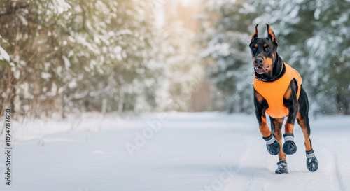 An energetic Doberman in an orange vest and Velcro boots runs to his owner against the backdrop of a winter forest. There is free space for text on the left.