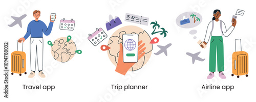 Travel vector illustration set. People with suitcases using traveling apps. Trip planning applications, travel apps, and airline bookings. Modern flat cartoon design with globes, calendars, tickets