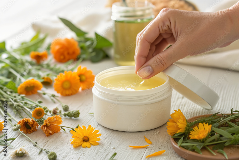 Hand applying calendula cream on a white surface Hand applying calendula cream on a white surface