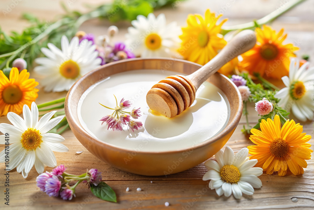 Honey and chamomile skincare set on wooden surface Honey and chamomile skincare set on wooden surface