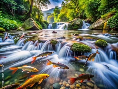 Abstract Tashlich Ceremony with Flowing Water and Fish, Capturing the Essence of Reflection and Renewal in a Serene Natural Setting with Long Exposure Techniques photo