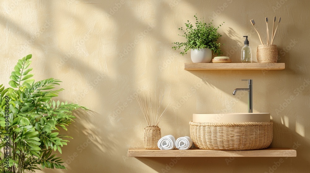 Fototapeta premium A serene bathroom scene featuring natural materials, wooden shelves, and decorative plants, creating a calm and inviting atmosphere.