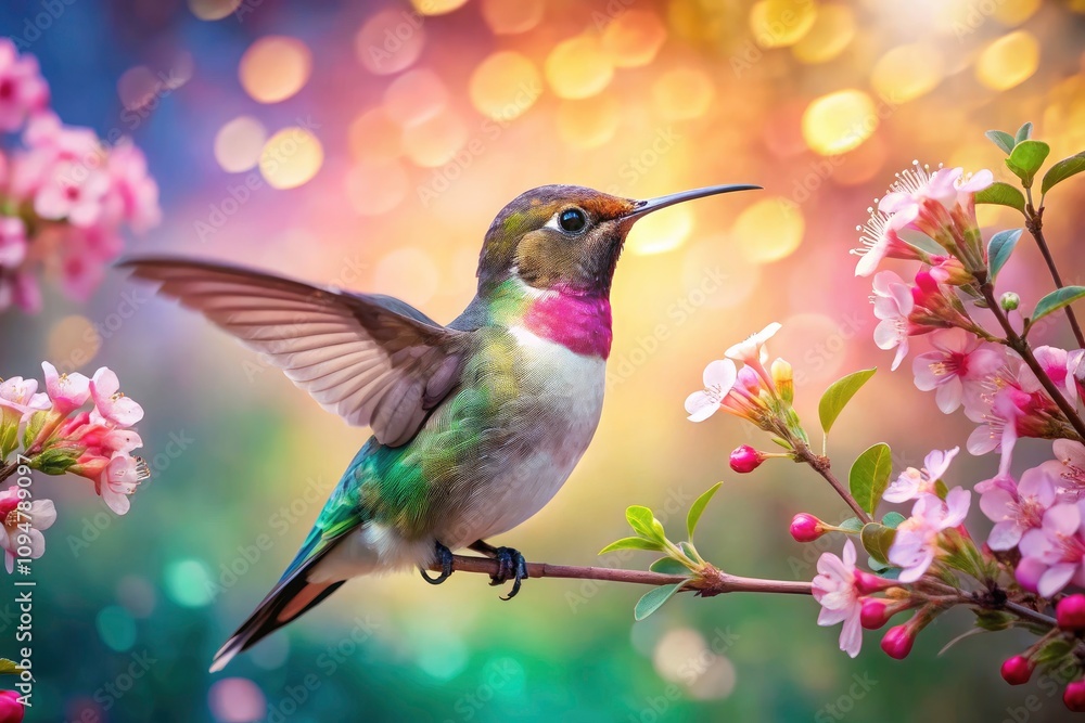 Fototapeta premium Hummingbird Feeding on Delicate Blossoms in a Serene Garden Setting