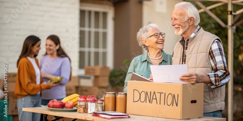 Happy senior volunteers smiling and organizing donations of food and other supplies at a charity event, promoting community support and social responsibility