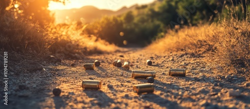 Sunset Trail: Spent Casings Scattered on a Dirt Path