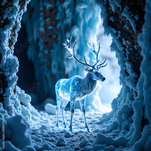 Glowing frosted deer in enchanted icy cavern under ethereal blue light, digital painting of fantasy art concept. photo