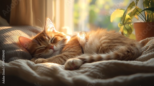 A sleepy orange tabby cat curled up in a sunny window on a cozy afternoon