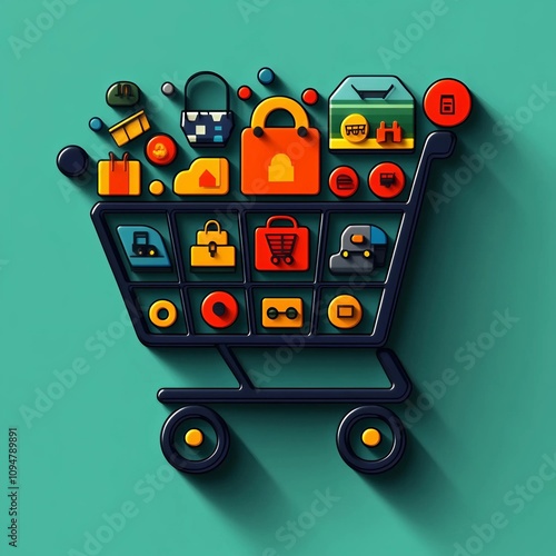 “Creative Shopping Cart with Iconic Goods”