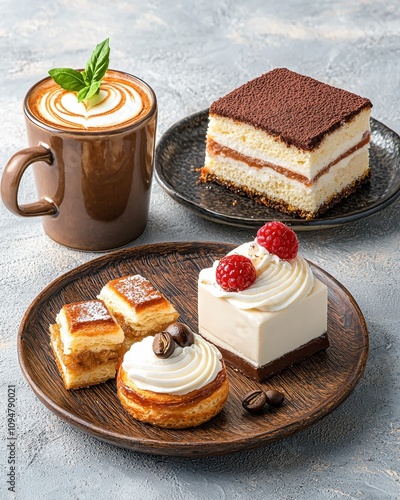 Espresso blend in a coffee and bakery concept. Delicious desserts and coffee on rustic plates