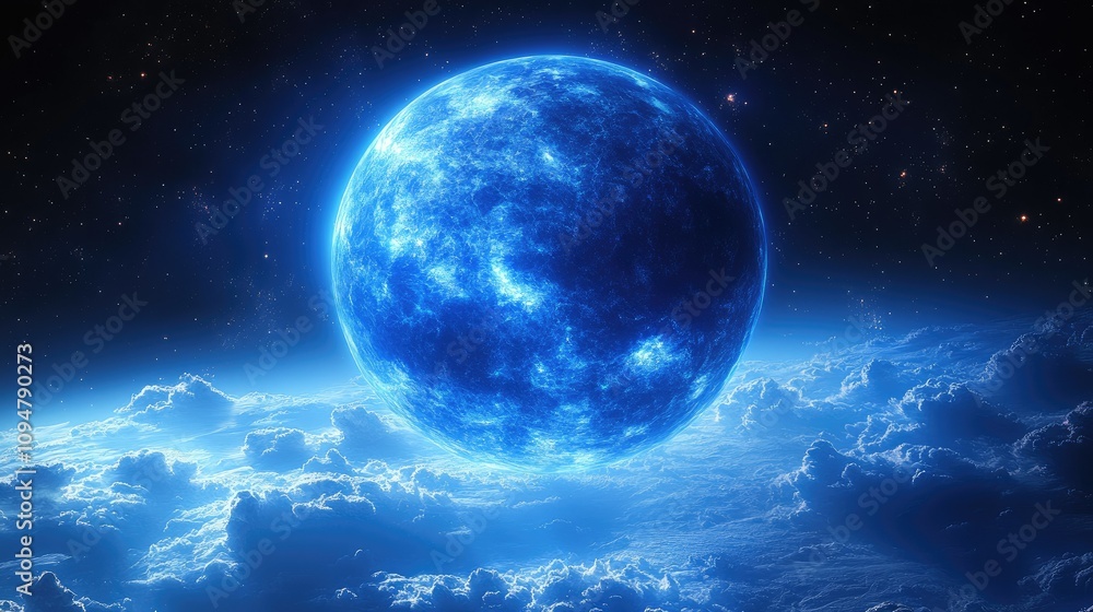 A glowing blue planet hovering above a cloud-covered surface in a cosmic backdrop. A glowing blue planet hovering above a cloud-covered surface in a cosmic backdrop.