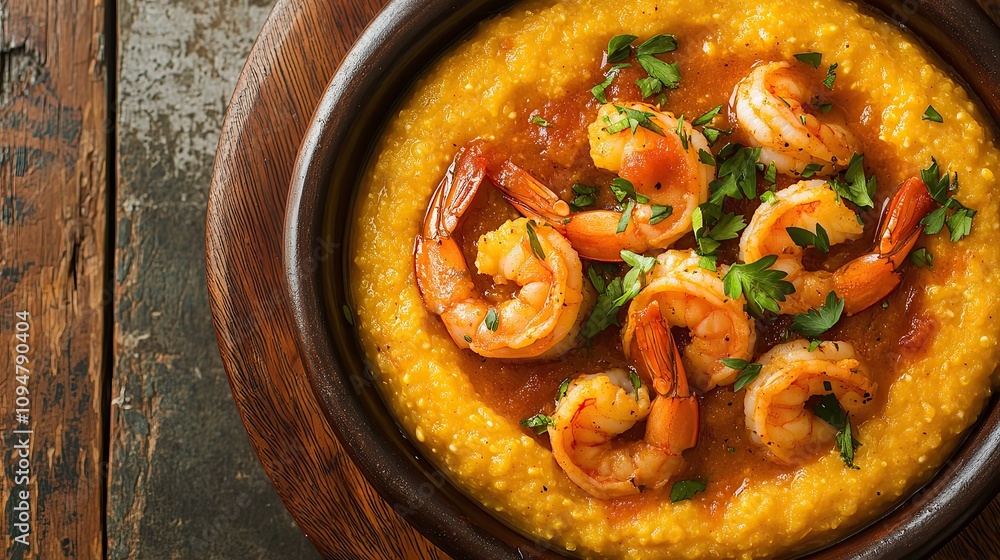 A wooden bowl of creamy polenta topped with sauteed shrimp in a tomato sauce and fresh parsley. A wooden bowl of creamy polenta topped with sauteed shrimp in a tomato sauce and fresh parsley.
