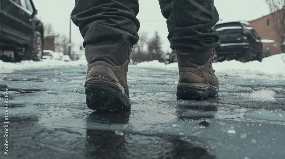 Man Walking on Wet Melted Ice Pavement in Winter, Back View of Feet in Shoes on Slippery Ice Road, Abstract Winter Weather Scene with Icy Conditions, Winter Hazard and Cold Weather Concept Man Walking on Wet Melted Ice Pavement in Winter, Back View of Feet in Shoes on Slippery Ice Road, Abstract Winter Weather Scene with Icy Conditions, Winter Hazard and Cold Weather Concept