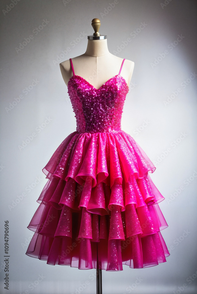 Pink ruffled dress on mannequin in studio light Pink ruffled dress on mannequin in studio light
