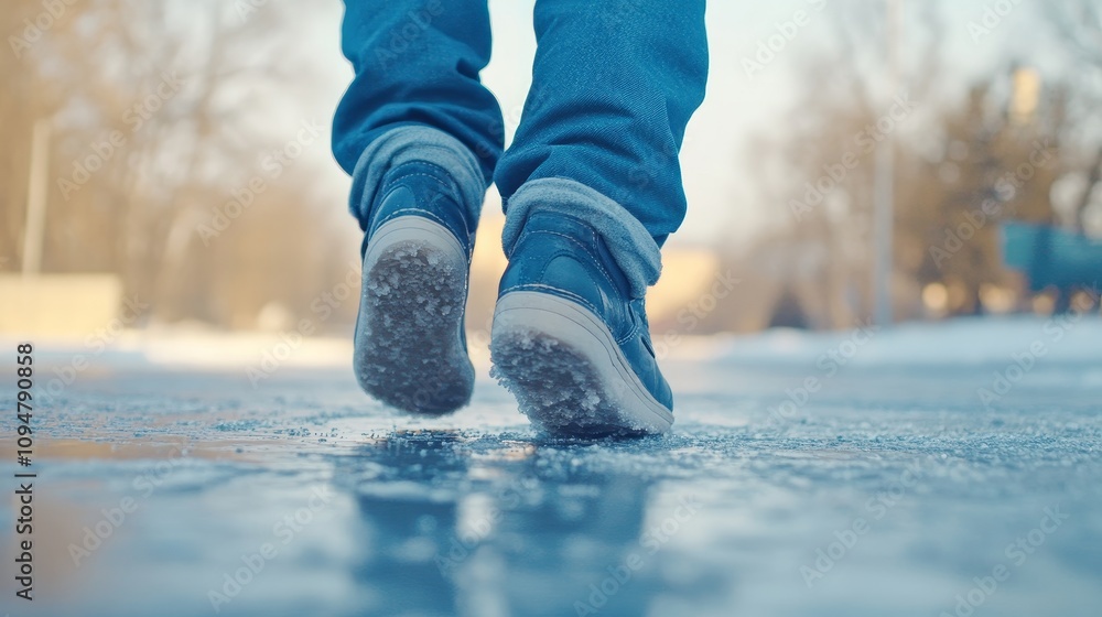 Man Walking on Wet Melted Ice Pavement in Winter, Back View of Feet in Shoes on Slippery Ice Road, Abstract Winter Weather Scene with Icy Conditions, Winter Hazard and Cold Weather Concept Man Walking on Wet Melted Ice Pavement in Winter, Back View of Feet in Shoes on Slippery Ice Road, Abstract Winter Weather Scene with Icy Conditions, Winter Hazard and Cold Weather Concept