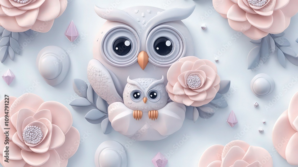 An adorable, embossed pattern with light pink flowers, each holding a tiny owl face with large, curious eyes in the center. An adorable, embossed pattern with light pink flowers, each holding a tiny owl face with large, curious eyes in the center.