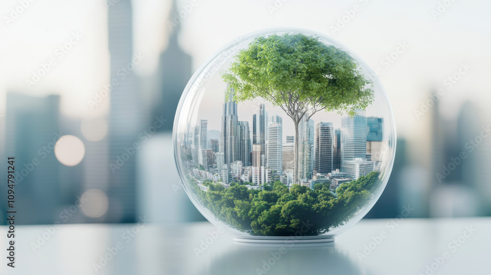 Futuristic glass globe with city skyline and tree Futuristic glass globe with city skyline and tree
