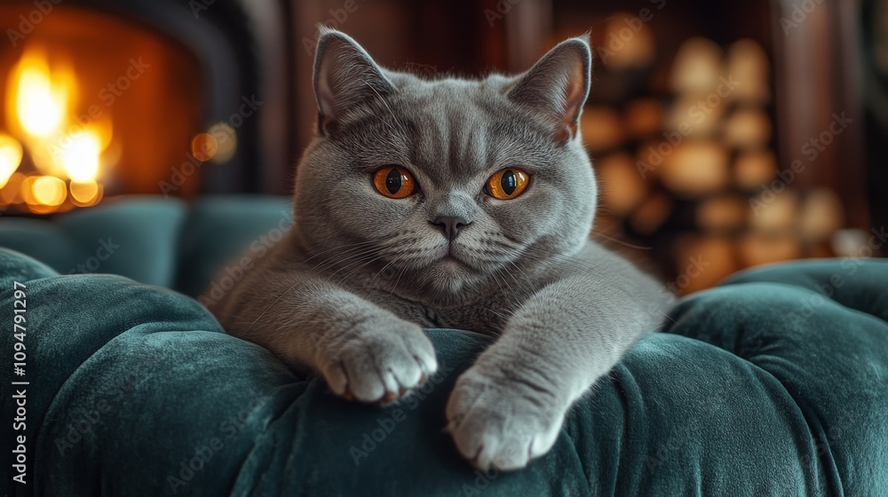Cozy gray cat relaxing on a plush green armchair near a warm fireplace Cozy gray cat relaxing on a plush green armchair near a warm fireplace