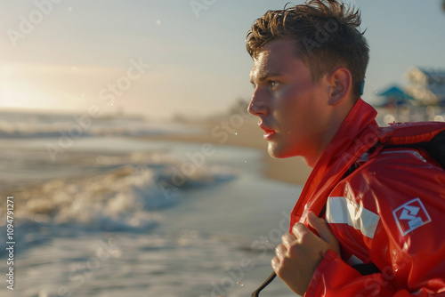 Generative AI Image of Lifeguard on Duty with Lifebuoy on Ocean Beach photo