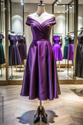 Purple satin evening gown on mannequin in boutique mirror setup photo