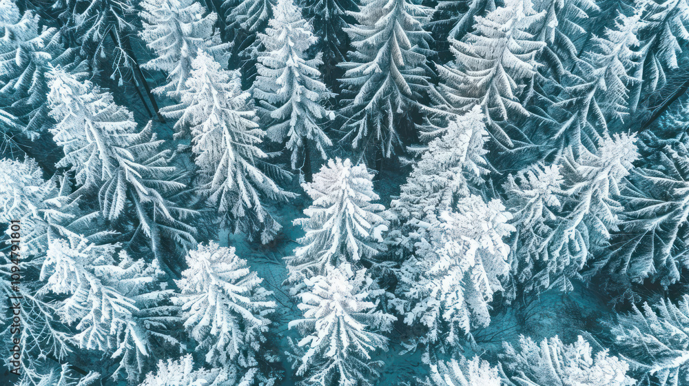 Aerial view of a snow-covered forest, capturing the intricate patterns of frosted treetops Aerial view of a snow-covered forest, capturing the intricate patterns of frosted treetops
