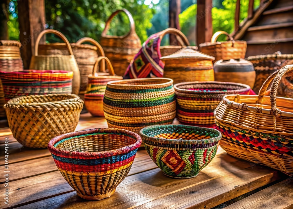 A Collection of Handwoven Baskets in Various Shapes and Sizes Displayed on a Rustic Wooden Table, Highlighting the Beauty and Craftsmanship of Traditional Basketry Techniques A Collection of Handwoven Baskets in Various Shapes and Sizes Displayed on a Rustic Wooden Table, Highlighting the Beauty and Craftsmanship of Traditional Basketry Techniques
