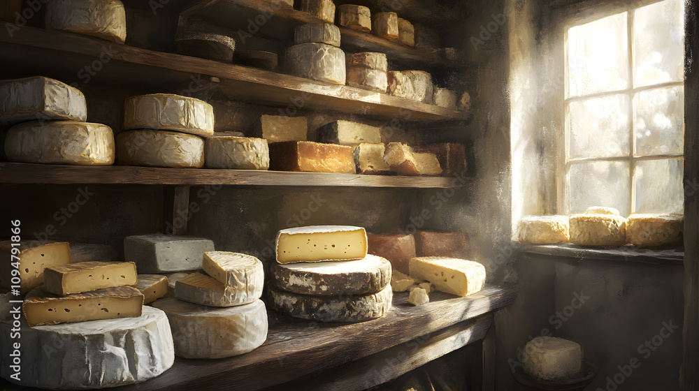 Naklejka premium A Rustic Cheese Cellar Bathed in Sunlight
